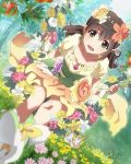  1girl brown_eyes brown_hair field flower flower_field flower_swing food fruit hair_flower hair_ornament high_heels katayama_minami looking_at_viewer low_twintails official_art open_mouth rabbit sitting solo swing twintails wake_up_girls! wake_up_girls!_stage_no_tenshi 