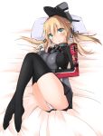  1girl bed bent_knees black_legwear blonde_hair blush breasts gloves green_eyes hat highres kaminagi_(kaminagi-tei) kantai_collection long_hair looking_at_viewer lying on_back panties pantyshot pillow prinz_eugen_(kantai_collection) skirt solo thigh-highs thighs twintails underwear uniform 