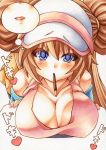  1girl bare_shoulders baseball_cap blue_eyes blush breast_rest breasts brown_hair cleavage collarbone colored_pencil_(medium) commentary_request hat incipient_kiss large_breasts looking_at_viewer marker_(medium) mei_(pokemon) millipen_(medium) mouth_hold parted_lips pocky pokemon solo traditional_media upper_body yutakasan-love 