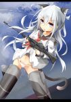  1girl alternate_costume animal_ears assault_rifle cat_ears cat_tail grey_eyes gun hibiki_(kantai_collection) highres holding kantai_collection kemonomimi_mode long_hair looking_at_viewer machinery miyabino_(miyabi1616) panties parody rifle school_uniform serafuku silver_hair solo strike_witches tail underwear weapon white_panties 