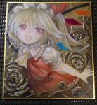  1girl ascot blonde_hair dress fang flandre_scarlet mob_cap mosho painting_(object) puffy_short_sleeves puffy_sleeves red_dress red_eyes shirt short_sleeves side_ponytail smile solo touhou traditional_media watercolor_(medium) wings 