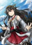  1girl black_hair blue_sky brown_eyes clouds cloudy_sky detached_sleeves dutch_angle from_below hair_ornament hairband hairclip haruna_(kantai_collection) kantai_collection kurenai_koucha long_hair machinery nontraditional_miko sky solo turret 