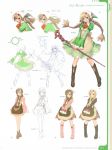  1girl angry bag blonde_hair braid bread brown_eyes concept_art dress food hair_ornament highres legs long_hair long_legs looking_at_viewer manaflare_amil open_mouth shining_(series) shining_hearts simple_background smile solo staff tanaka_takayuki twin_braids 