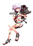  1girl blush damaged fang full_body kantai_collection machinery official_art one_eye_closed open_mouth purple_hair red_eyes school_uniform serafuku short_hair short_sleeves shorts solo tama_(kantai_collection) torn_clothes transparent_background turret ugume 