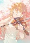  1girl blonde_hair bow_(instrument) closed_eyes dress highres instrument long_hair luo. miyazono_kawori petals playing_instrument shigatsu_wa_kimi_no_uso solo violin 