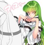  1girl breasts c.c. cleavage code_geass creayus green_hair long_hair looking_at_viewer simple_background smile straitjacket white_background yellow_eyes 