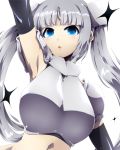  1girl :&lt; arm_up armpits blue_eyes breasts elbow_gloves gloves large_breasts long_hair looking_at_viewer navel silver_hair simple_background solo star tokyo_(great_akuta) twintails white_background 