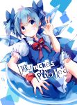  (9) 1girl absurdres alternate_hairstyle artist_request bandaid bandaid_on_knee blue_dress blue_eyes blue_hair blush bow cirno cover cover_page doujin_cover dress dress_shirt hair_bow highres ice ice_wings innertube looking_at_viewer open_mouth puffy_short_sleeves puffy_sleeves red_ribbon ribbon shirt short_sleeves sitting smile solo touhou twintails w white_shirt wings 