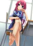  1girl barefoot blue_eyes grisaia_no_kajitsu highres jakelian long_hair redhead school_uniform solo suou_amane 