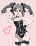  1girl :d bare_shoulders blush bow breasts camisole choker cleavage collarbone drill_hair frills grey_hair hair_bow hand_on_hip heart highleg highleg_panties idolmaster idolmaster_cinderella_girls kanzaki_ranko leg_garter long_hair open_mouth panties pink_background red_eyes ribbon smile solo twin_drills twintails underwear w wrist_cuffs yumekaranigeruna 