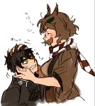  1boy 1girl animal_ears black_hair brown_hair clenched_teeth closed_eyes crossover doutanuki_masakuni fang futatsuiwa_mamizou glasses oimo_(14sainobba) open_mouth pince-nez raccoon_ears scarf smile sweat touhou touken_ranbu translation_request yellow_eyes 