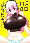  1girl blush breasts headphones huge_breasts impossible_clothes long_hair looking_at_viewer navel nitroplus open_mouth panties perepere-kun pink_eyes pink_hair shiny shiny_clothes solo super_sonico underwear 