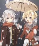  +_+ 2girls :d alternate_costume asymmetrical_hair blonde_hair blush chibirisu gloves grey_eyes highres kantai_collection maikaze_(kantai_collection) multiple_girls necktie nowaki_(kantai_collection) open_mouth outstretched_arm outstretched_hand ponytail reaching scarf silver_hair smile snowing umbrella 