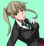 1girl colored green_eyes jacket large_breasts maka_albarn necktie solo soul_eater twintails 