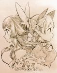  2girls animal_ears back-to-back bell bow braid cat_ears chibi hair_bow heart holding_hands jingle_bell kaenbyou_rin long_hair monochrome multiple_girls nanami_(artist) reiuji_utsuho shikishi short_hair smile third_eye touhou traditional_media twin_braids 