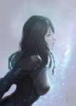  1girl armor black_eyes black_hair breasts chaosringen highres leaning_forward light_particles lips long_hair nose original pale_skin parted_lips profile purple_background realistic science_fiction signature solo upper_body 