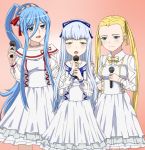  3girls :d aoki_hagane_no_arpeggio blonde_hair blue_eyes blue_hair bow forehead green_eyes hair_bow hair_ribbon haruna_(aoki_hagane_no_arpeggio) holding iona jewelry long_hair looking_at_viewer microphone multiple_girls necklace open_mouth ponytail ribbon ribonzu singing smile takao_(aoki_hagane_no_arpeggio) twintails very_long_hair 