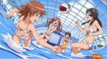  4girls ascii_media_works beachball bikini bikini_skirt black_hair bow brown_hair flower j.c._staff long_hair misaka_mikoto official_art pool red_hair saten_ruiko shirai_kuroko short_hair splash splashing summer swimsuit to_aru_kagaku_no_railgun to_aru_majutsu_no_index twintails uiharu_kazari umbrella water yamashita_yuu 