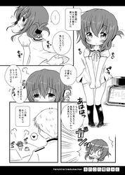  &gt;_&lt; 0_0 1girl admiral_(kantai_collection) alternate_costume blush closed_eyes closed_mouth comic dress folded_ponytail hair_between_eyes heart inazuma_(kantai_collection) ink_bottle kantai_collection minigirl monochrome narita_rumi panties short_hair short_sleeves skirt spoken_heart translation_request underwear wavy_mouth 