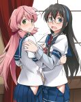  2girls after_kiss akashi_(kantai_collection) black_hair blue_eyes blush glasses green_eyes hair_ribbon hairband kantai_collection long_hair looking_at_viewer multiple_girls ooyodo_(kantai_collection) open_mouth pink_hair ribbon saliva saliva_trail school_uniform serafuku side_slit skirt youkan yuri 