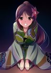  1girl ahen amagi_(kantai_collection) breasts brown_eyes brown_hair flower furisode hair_flower hair_ornament japanese_clothes kantai_collection kimono kneeling large_breasts leaning_forward long_hair looking_at_viewer mole mole_under_eye ponytail smile solo 