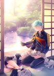  2boys aqua_hair black_legwear closed_eyes gloves gloves_removed gokotai gokotai&#039;s_tigers hand_on_another&#039;s_head hima_(ab_gata) ichigo_hitofuri kneehighs male_focus military military_uniform multiple_boys necktie seiza shorts sitting sleeping smile sode tiger touken_ranbu tree uniform water white_gloves white_hair white_tiger 