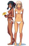  2girls arms_behind_back bikini black_hair blonde_hair blue_eyes blush_stickers braid dark_skin flower flying_sweatdrops hibiscus holding homunculus_(artist) multiple_girls navel original ponytail scrunchie side-tie_bikini single_braid smile standing swimsuit wavy_mouth white_bikini white_swimsuit wristband 