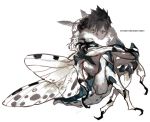  1boy black_hair copyright_name crossed_arms crossed_legs dokuga dorohedoro expressionless facial_tattoo green_eyes insect_boy male_focus monster_boy moth moth_wings shishio simple_background sitting solo tattoo white_background wings 