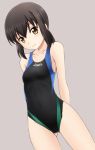  1girl arms_behind_back bare_shoulders brown_eyes brown_hair collarbone competition_swimsuit covered_navel cowboy_shot dutch_angle fubuki_(kantai_collection) fuuma_nagi grey_background kantai_collection looking_at_viewer one-piece_swimsuit short_hair short_ponytail simple_background smile solo swimsuit 