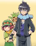  1boy 1girl alain_(pokemon) blue_eyes brown_eyes chespin hat long_hair manon_(pokemon) moyori pokemon pokemon_(anime) purple_hair redhead short_hair 