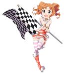  1girl brown_hair checkered checkered_flag green_eyes idolmaster long_hair racequeen striped striped_legwear takatsuki_yayoi takeya_yuuki thigh-highs twintails 