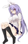  1girl animal_ears black_legwear blush breasts brown_eyes collared_shirt convenient_leg impossible_clothes impossible_shirt large_breasts long_hair looking_at_viewer miniskirt one_eye_closed purple_hair rabbit_ears reisen_udongein_inaba sitting skirt socks solo sui_(aruko91) touhou upskirt very_long_hair 