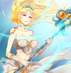  1girl bangs blonde_hair blue_eyes breasts es_(esscarlet) floating_hair janna_windforce large_breasts league_of_legends long_hair midriff off_shoulder parted_bangs pointy_ears solo staff 
