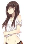  1girl bare_arms black_hair blush brown_hair collarbone highres jewelry long_hair looking_away midriff navel necklace original simple_background solo yamasuta 