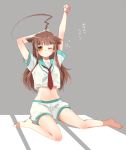  1girl ahoge brown_eyes brown_hair hinase_kei kantai_collection kuma_(kantai_collection) long_hair one_eye_closed stretch uniform 