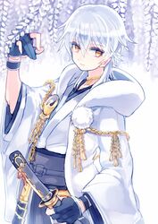  1boy black_gloves flower gloves iwashi_(sardineblue) japanese_clothes katana kusazuri male_focus orange_eyes partly_fingerless_gloves sheath sheathed silver_hair solo sword touken_ranbu tsurumaru_kuninaga weapon wisteria 