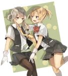  2girls black_legwear blonde_hair chibirisu gloves grey_hair kantai_collection leg_up maikaze_(kantai_collection) multiple_girls necktie nowaki_(kantai_collection) open_mouth pantyhose school_uniform short_hair short_sleeves vest 