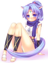  1girl animal_ears bare_legs barefoot blue_eyes blue_hair blush dog_days forehead_jewel hlz horse_ears horse_tail long_hair ponytail scarf sharu_(dog_days) solo tabard tail violet_eyes 