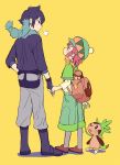  1boy 1girl alain_(pokemon) amezawa_koma chespin hat highres holding_hands long_hair manon_(pokemon) pokemon pokemon_(anime) pokemon_(creature) purple_hair redhead short_hair 
