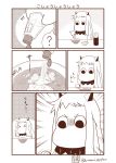  &gt;_&lt; (o)_(o) ? bottle comic food highres holding horns kantai_collection long_hair mittens monochrome moomin moomintroll noodles northern_ocean_hime northern_ocean_hime_(cosplay) ramen sazanami_konami shinkaisei-kan sneezing translation_request 