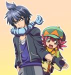  1boy 1girl alain_(pokemon) brown_eyes fingerless_gloves gloves hat long_hair manon_(pokemon) mi~o pokemon pokemon_(anime) purple_hair redhead short_hair violet_eyes 