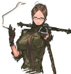 1girl aiming_at_viewer bangs bow_(weapon) breasts brown_hair cigarette crossbow glasses glasses_girl_(nameo) green_eyes highres large_breasts long_hair nameo_(judgemasterkou) necktie original parted_bangs semi-rimless_glasses smile smoking solo twintails under-rim_glasses weapon 