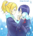  2girls artist_request ayase_eli blonde_hair blue_eyes blue_hair blush bow gloves long_hair love_live!_school_idol_project mittens multiple_girls ponytail scarf smile sonoda_umi tagme winter_clothes yellow_eyes yuri 