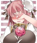  1girl blush breasts bun_cover commentary_request covering_face double_bun flower full-face_blush hair_over_eyes hammer_(sunset_beach) ibaraki_kasen large_breasts pink_hair rose short_hair solo tabard touhou upper_body 