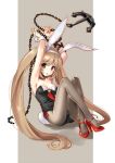  1girl adapted_costume anchor animal_ears arms_up blonde_hair breasts brown_eyes brown_hair brown_legwear bunny_tail bunnysuit chain collar crossed_legs fake_animal_ears hair_ribbon kantai_collection katahira_masashi long_hair looking_at_viewer murasame_(kantai_collection) open_mouth pantyhose rabbit_ears ribbon sitting solo swimsuit tail twintails very_long_hair 