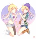  2girls :d ;) ahoge artist_name beanie belldot blonde_hair blush boots breasts chain cleavage cutoffs dual_persona fishnet_legwear fishnets green_eyes hat heart heart_hands heart_hands_duo hoshii_miki idolmaster long_hair looking_at_viewer midriff multiple_girls navel one_eye_closed open_fly open_mouth plaid shorts single_thighhigh smile thigh-highs unzipped 
