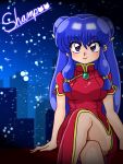  1girl :&gt; bell character_name china_dress chinese_clothes crossed_legs double_bun hair_ornament long_hair official_style purple_hair ranma_1/2 shampoo_(ranma_1/2) sitting sky solo star_(sky) starry_sky violet_eyes wantan-orz 