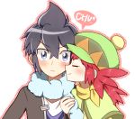  1boy 1girl ako_(ako0905) alain_(pokemon) blue_eyes blush cheek_kiss closed_eyes hat kiss long_hair manon_(pokemon) pokemon pokemon_(anime) purple_hair redhead short_hair 