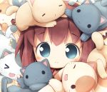  &gt;_&lt; 1girl :3 aikei_ake animal_on_head blue_eyes blush brown_hair cat cat_on_head original smile solo too_many_cats 