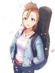  1girl brown_hair cherry_blossoms earrings green_eyes guitar_case hands_in_pockets highres idolmaster idolmaster_cinderella_girls instrument_case jacket jewelry kimura_natsuki machi-z necklace open_mouth petals quiff short_hair solo 